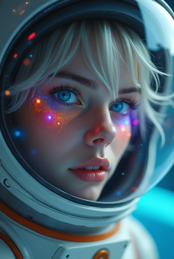 (Close-up of a better masterpiece: 1.5) 0.9], (Space and astronauts: 1.2) (Disheveled silver hair: 1.1) (Xanthochromia heterochromia and blue eyes: 1.2) (space helmet: 1.0) (colorful stars in the eyes: 1.0) (A radiant glow: 1.1) (thick lips: 0.9)