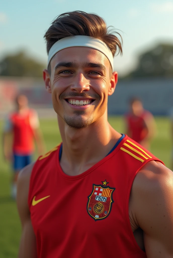 Create a Realistic Football Player,NO BEARD with medium straight hair, combed back, wearing a small thin white men&#39;s sports headband in the middle of the hair, 17 year old tall white spanish guy with happy face wearing a red training vest, in a background with a training field along with other players in the background, Por favor 