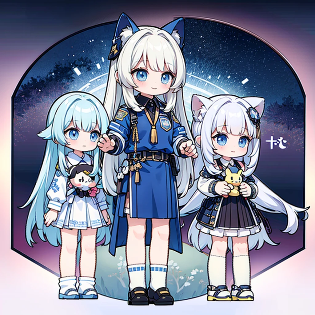 Little、cute、Highest quality、Masterpiece、Award-winning works、Full HD、Ultra-high resolution、Best aesthetics、Highest qualityの足の描写、Anime Style、Flat avatar、Milky white hair color、Long Straight Hair、Smiling, jumping and spreading his arms out in joy、Inside a circular shape、Police uniform mini skirt、Holographic transparent seven-color background、Sanrio Character Plush Toys、背景💛形、