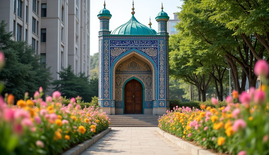 T Tiny Uzbek style mosque full of Samarkand calligraphy amidst pastel-colored flower gardens in downtown Seoul, South Korea
