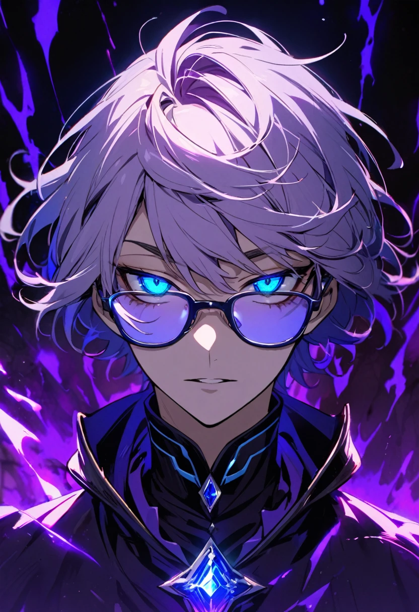 male, solo, handsome, light purple hair, beautiful color,  short hair, blue eyes, glasses, gorgeous background, dark blue aura, glowing eyes, beautiful eyes,  floating blue gemstone, floating purple  warrior, short hair, half eyes, villian, creepy eyes