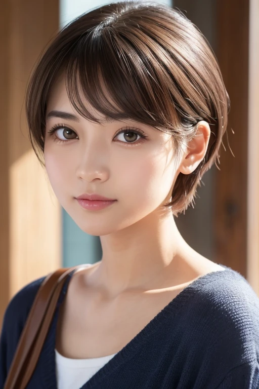 高品質in超リアルなポートレート。彼女は小さく繊細な顔立ちin、I have a slightly rounded face shape。Her expressive almond-shaped eyes have a gentle and warm gaze.、I have strong eyebrows。肌は無垢in透き通るような白さin、It has a natural shine。(Her hair is brown and pixie cut.:1.3)in、シンプルinエレガントに整えられています。メイクはナチュラルin、A light foundation and subtle blush、Uses a soft pink lip color。ライティングはソフトin自然な光を使用し、Accentuating facial features、Does not emphasize shadows。背景はシンプルinぼかしたグラデーションin、Focus on the face。