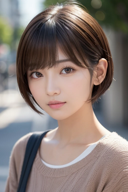 高品質in超リアルなポートレート。彼女は小さく繊細な顔立ちin、I have a slightly rounded face shape。Her expressive almond-shaped eyes have a gentle and warm gaze.、I have strong eyebrows。肌は無垢in透き通るような白さin、It has a natural shine。(Her hair is brown and pixie cut.:1.3)in、シンプルinエレガントに整えられています。メイクはナチュラルin、A light foundation and subtle blush、Uses a soft pink lip color。ライティングはソフトin自然な光を使用し、Accentuating facial features、Does not emphasize shadows。背景はシンプルinぼかしたグラデーションin、Focus on the face。