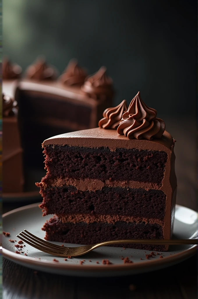 cinematic film still chocolate, chocolate cake, dark background, quality photo, moist texture, frosting, studio photo, slice . shallow depth of field, vignette, highly detailed, high budget, bokeh, cinemascope, moody, epic, gorgeous, film grain, grainy