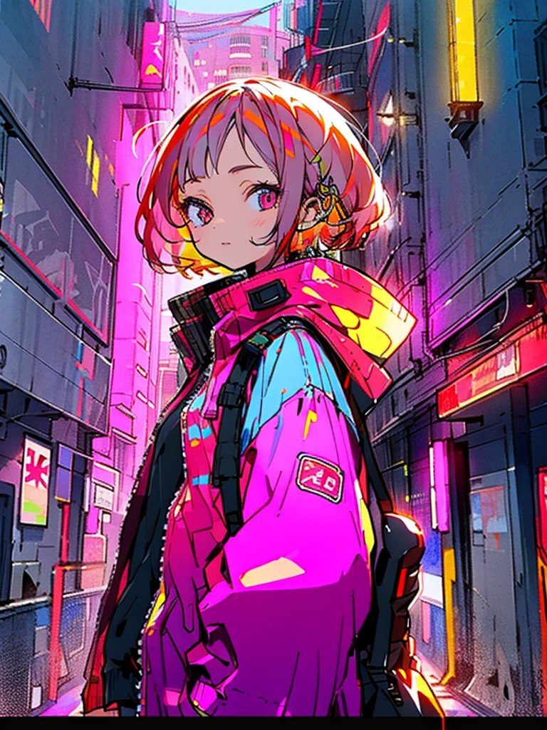 1girl in, Red hair, Pink eyes, masterpiece, top-quality, 1girl in, City Pop, natta, Look at another one, The upper part of the body, vector illustrations, jaket, lightsmile, bluntbangs, length hair, Lofi Art, brioche eater, right side face