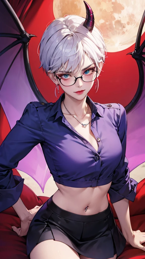 8k, masterpiece, best quality, highly detailed, 1 girl, tiefling, warlock, pixie cut, multicolored hair, very short straight hair red highlight hair on white hair, strippled hair, wearing glasses, round glasses, earrings, navel piercing, red eyeshadow, long eyelashes, blushed cheek, red lips, pearl necklace, rings, collarbone, mole on face, glamorous, teal and purple clothes, miniskirt, smirk, close up view, rings, looking at viewer, demon horns, solo, blue pale moon, standing, royal dress, devil books.
