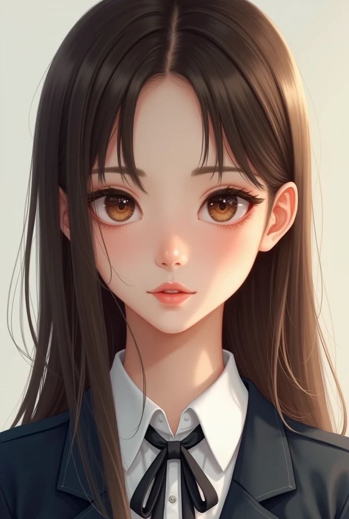 Amazing face and eyes, highly detailed Beautiful face, brown straight hair, Bangs, big brown eyes, pale skin, slim, pale skin, hi-school uniform, fine face, realistic, detailed depiction, Ultra-detailed
