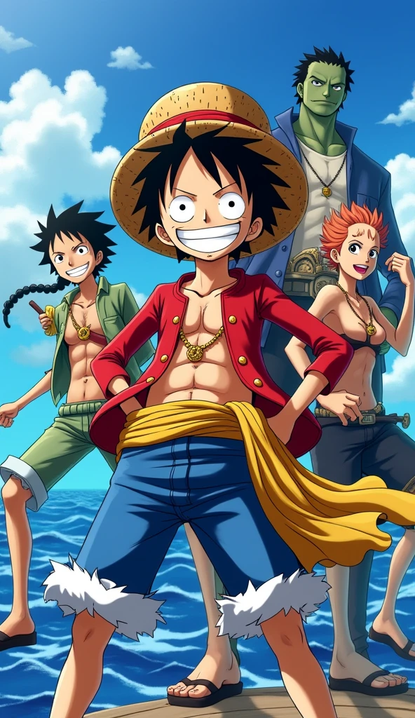Create an image inspired by the anime "One Piece" featuring Luffy and his crew aboard the Thousand Sunny. Luffy is in his classic straw hat and pirate outfit, striking a confident pose with his signature grin. The background should show a vibrant, dynamic sea with a bright, adventurous sky. Include other main characters like Zoro, Nami, Sanji, and Usopp, each showcasing their distinctive features and weapons. The overall mood should be exciting and full of energy, reflecting the adventurous spirit of their journey, 4k