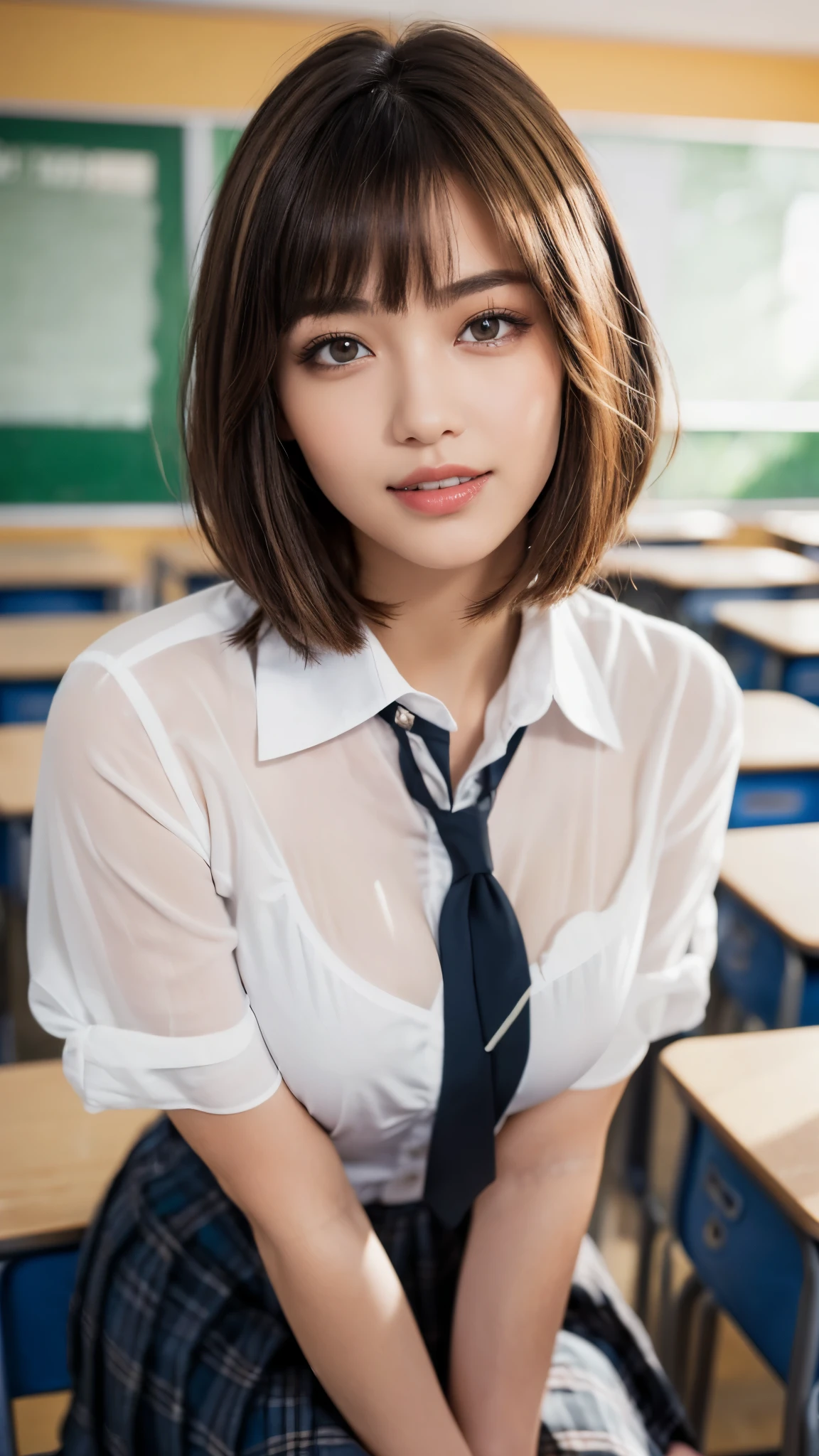 (masterpiece:1.3), (16k, photorealistic, RAW photo, best quality: 1.4),absurdres, attractive, ultra high resolution, ultra realistic, highly detailed, golden ratio, ultra detailed, super fucking beautiful detailed face, natural makeup, detailed cloth texture, detailed hair texture, beautiful detailed fullbody, Perfect female body, accurate, Anatomically correct, Highly detailed face and skin texture, (beautiful hands), (realistic skin), (beautiful pale skin:1.1), (well-aligned teeth:1.1), (Perfect dynamic composition, looking at viewer, full body shot), (Random Seductive pose:1.3),
BREAK,
realistic eyes, beautiful detailed eyes, symmetric eyes, Light Brown eyes, Double eyelids, Thin eyebrows, (Glossy lips:1.4), ((A face with waiting for a kiss:1.2)), (blush:1.1), (beautiful smile:1.1),
BREAK,
((short hair, bob, Dark blonde hair, bangs:1.2)), (in the School classroom, school uniform:1.3)