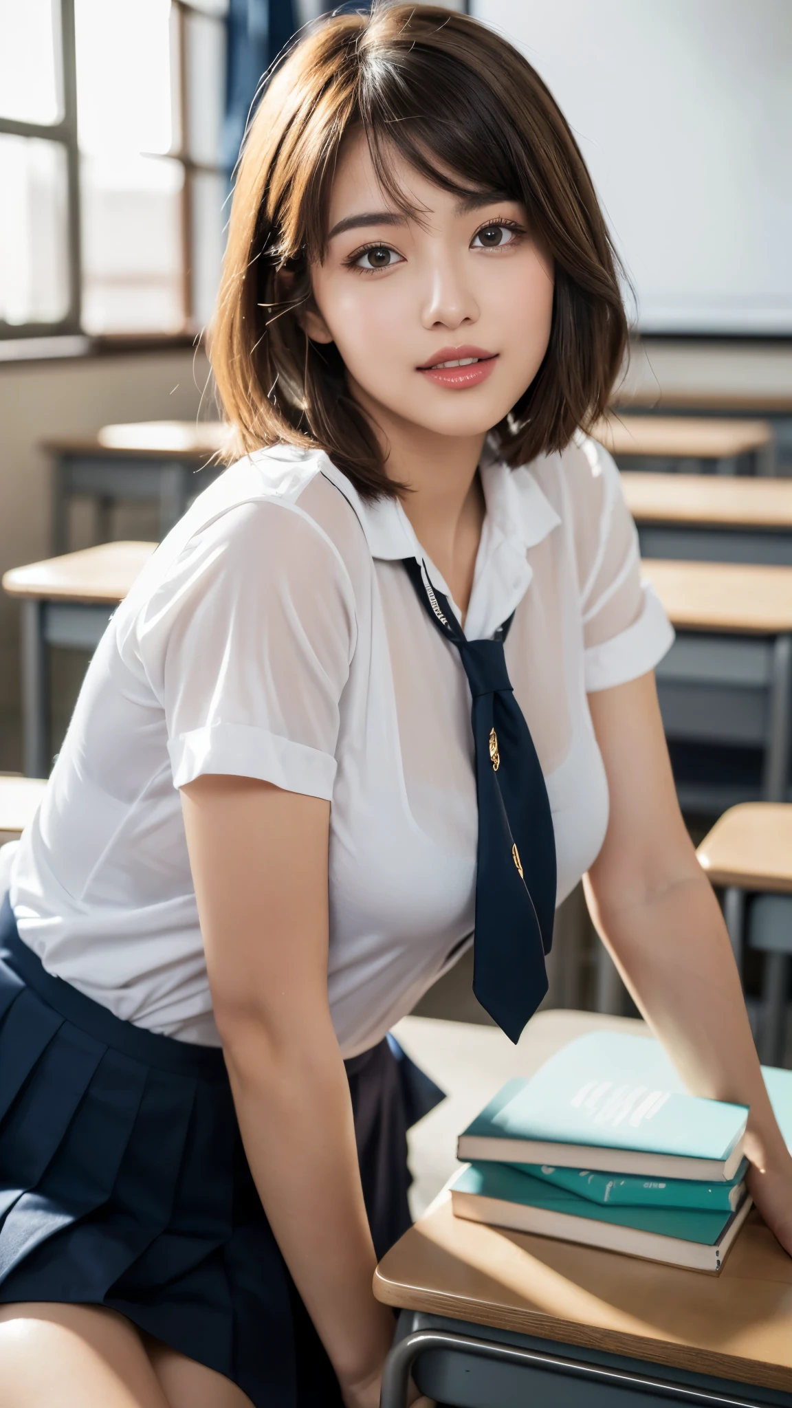 (masterpiece:1.3), (16k, photorealistic, RAW photo, best quality: 1.4),absurdres, attractive, ultra high resolution, ultra realistic, highly detailed, golden ratio, ultra detailed, super fucking beautiful detailed face, natural makeup, detailed cloth texture, detailed hair texture, beautiful detailed fullbody, Perfect female body, accurate, Anatomically correct, Highly detailed face and skin texture, (beautiful hands), (realistic skin), (beautiful pale skin:1.1), (well-aligned teeth:1.1), (Perfect dynamic composition, looking at viewer, full body shot), (Random Seductive pose:1.3),
BREAK,
realistic eyes, beautiful detailed eyes, symmetric eyes, Light Brown eyes, Double eyelids, Thin eyebrows, (Glossy lips:1.4), ((A face with waiting for a kiss:1.2)), (blush:1.1), (beautiful smile:1.1),
BREAK,
((short hair, bob, Dark blonde hair, bangs:1.2)), (in the School classroom, school uniform:1.3)