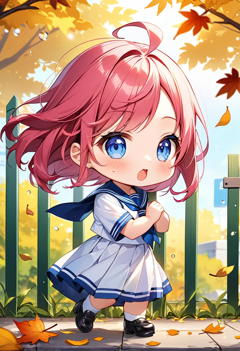 Highest quality、High resolution、Detailed Background、Beautiful face in every detail、Anatomically correct、Detailed facial expressions、fine grain、((full body, from side:1.2, side shot, looking away:1.2)), break ((One Girl:1.2)、((Chibi Girl:1.2)))、Bright pretty hair color、Big beautiful blue eyes、Fuller lips、Pink Lips、forehead、Ahoge、(My hair is blowing wildly in the strong wind:1.2、Blowing the vertical whistle:1.2)、(Cute Sailor Uniform、cute leather shoes)、break (Place your hands in front of your chest、A flute in hand:1.2)、(Troubled expression:1.2、Hair blowing in the wind:1.2、Open your mouth:1.2、Sweat on the forehead、Cheek sweat)、(The background is the morning school route:1.2、(Block fence:1.2)、Typhoon-level winds、A large amount of dead leaves fluttering about)、(Bokeh)