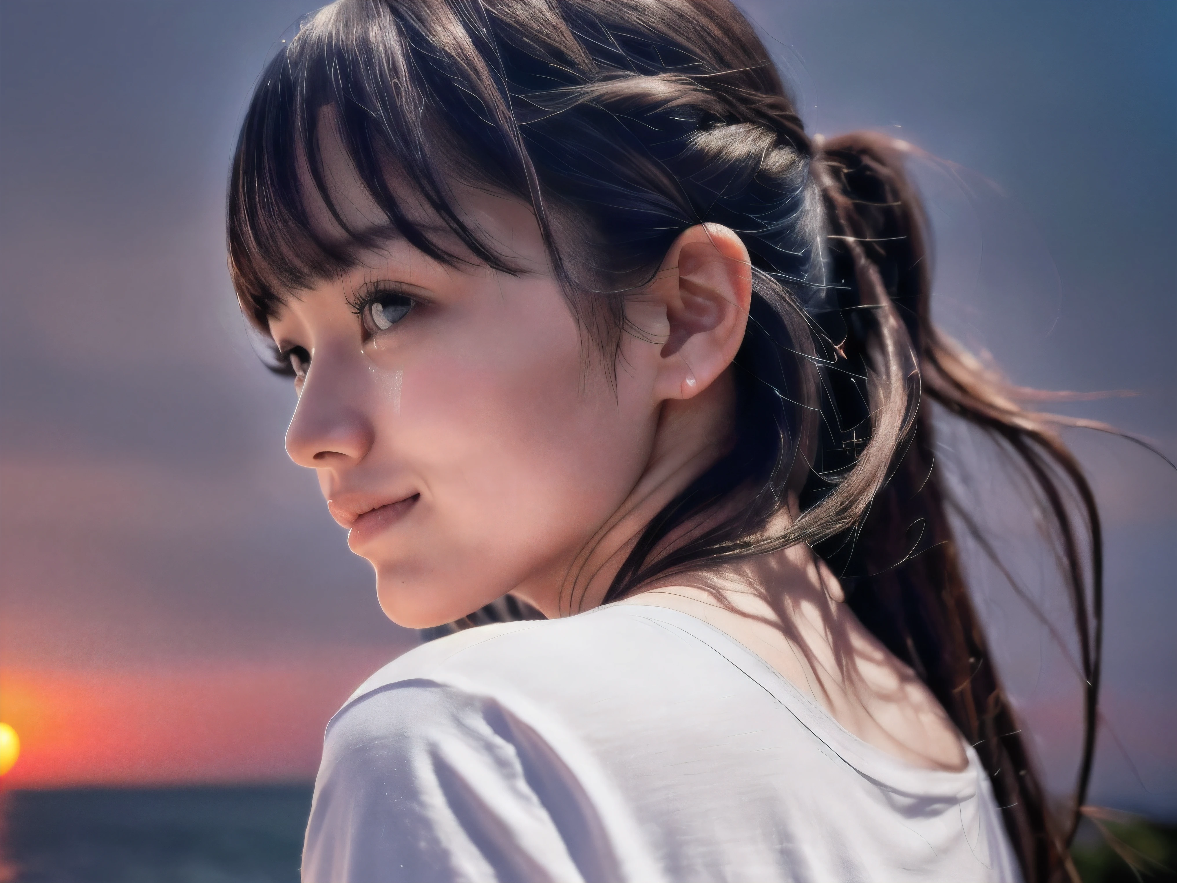 (Close up profile shot of slender small-breasted dark silver long hair with swept bangs girl wearing a white T-shirt only:1.5)、(One girl is looking back and lonely little smile with tears on the coast in Japan:1.5)、(Beautiful after sunset red sky with big red cloud:1.5)、(blurred background:1.5)、(Natural light:1.5)、(8k ultra detailed master piece:1.5)、(perfect anatomy:1.5)、(Photorealistic stick:1.5)、(Raw photo:1.3)、(highest quality:1.5)、(High resolution:1.3)、(Delicate and beautiful perfect face:1.3)、(Delicate and beautiful eye air skin:1.3)、(Real Human Skin:1.3)、((thin legs))