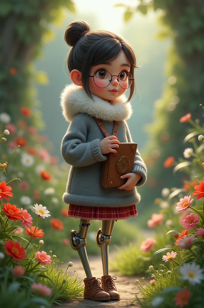 A girl wearing grey woollen sweater,with short ponytail, wearing glasses, without earings, with one tin leg with a leather book in her hand, wearing a white fur cap or hood with a garden as background