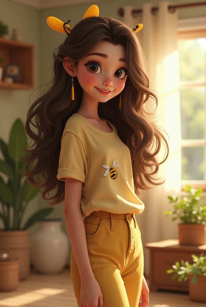 Bee girl in simple clothes at home boobs, big brown hair 
