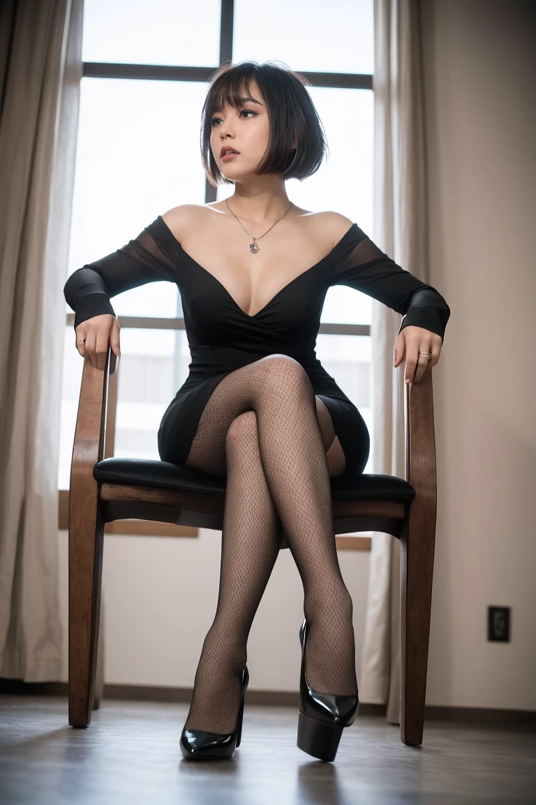 (((8k、High resolution、Highest quality、High resolution)))alone、Color images、
Natural body shape、White skin、Natural Makeup、((Black Hair、bangs、Straight Long Hair))、(((Sitting on a chair)))、、(:1.4)、(())、(((((Full body photo)))))、(((Looking into the camera)))、((Ultra-realistic pantyhose)),
(Modern cut high-neck dress with abstract Art Nouveau print in monochrome:1.4), accessorized with (minimalist geometric silver necklace:1.2), and (stylish matte black stilettos:1.1).
(Dress and pantyhose), (Shot from below:1.8),