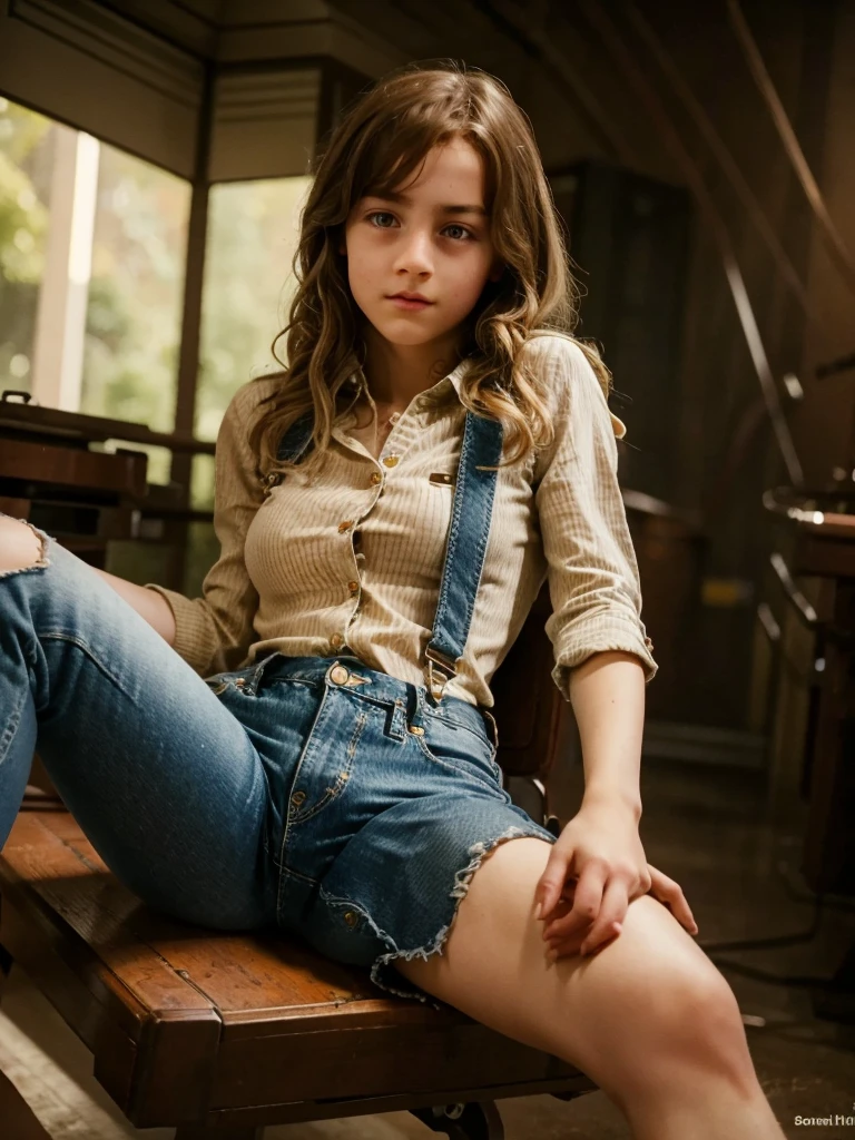, European, , small breasts, big eyes, close-up on thighs, half-open button-down shirt, denim shorts with suspenders, ray tracing, HDR, mechanical parts, cybernetic arms, sitting cross-legged