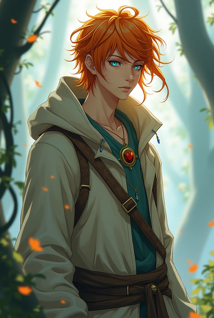 Create a man with long orange hair.  With aquamarine blue eyes, with a sack, anime style 
