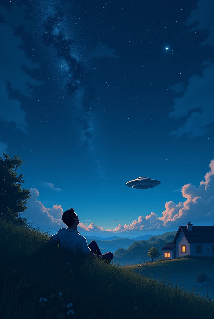 The cover image shows a man sleeping and looking at the stars late at night on a hill behind his house. There are many stars in the sky and a UFO is hidden among the stars.