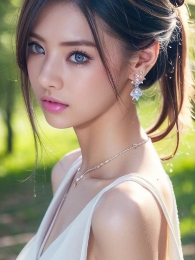 (masterpiece, highest quality:1.2), 8K, 85mm, Raw photo, confused, white and cyan theme, (liquid clothes, liquid dress:1.4), gray hair, gradient dress, delicate girl, Upper body, close your face, shiny skin, teen, looking at the viewer, HDR, sharp focus, particle, dusk sky, shiny skin, small eyes and face, colorful background, simple background、earrings、necklace、clavicle、twin tails、