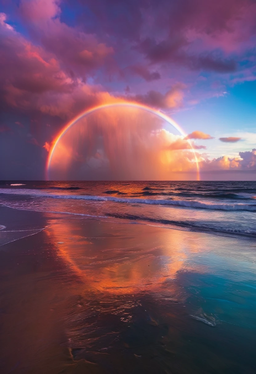 Rainbow Rocket、Iridescent skyを飛ぶロケット,近futureのロケット、Rainbow Rocket、colorful,Iridescent smoke、Rainbow RocketはIridescent smokeを出している、Beautiful sky,wonderful景色,Seaside,Iridescent sky、An atmosphere full of dreams and hope,masterpiece.16K, Ultra-high resolution, Ultra-high resolution, to be born,wonderful ,future、Iridescent、The world 30 years from now。