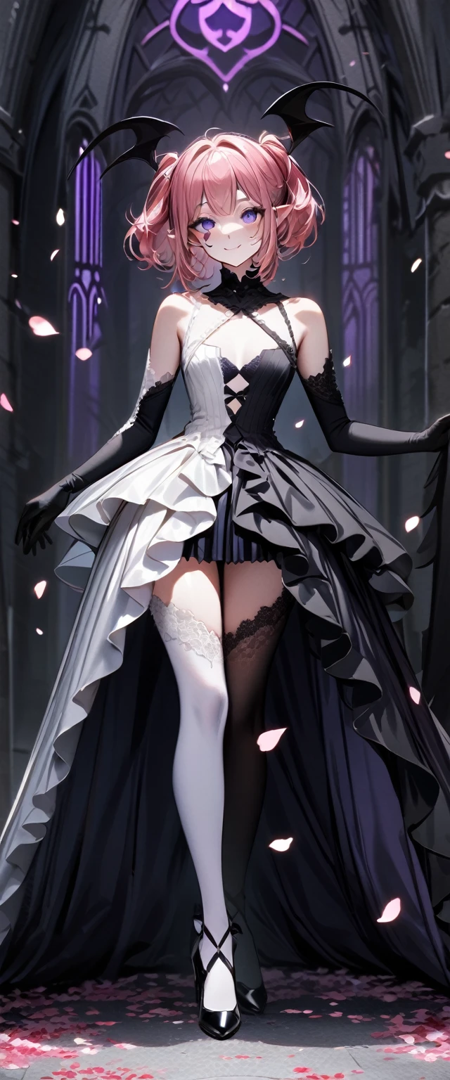 UHD, masterpiece, best quality, extremely detailed, anatomically correct, sharp focus, Midnight, purple moon, Church , altar isle, falling petals, ((full body portrait)), 1girl, solo, camilavtuber, ((pink hair)), short hair, shoulder length hair, (black head wings:1.3), ((twin ponytail)), purple eyes, (facial mark), smiling, slim arms, black laced arm sleeves, black gloves ,small chest, (single back wing:1.1), black wedding gown, high slit gown, slim legs, black laced stockings, black high heels, full body shot, close up, innocent pose, Eye-Level Shot, front view, innocent pose, scattered petals