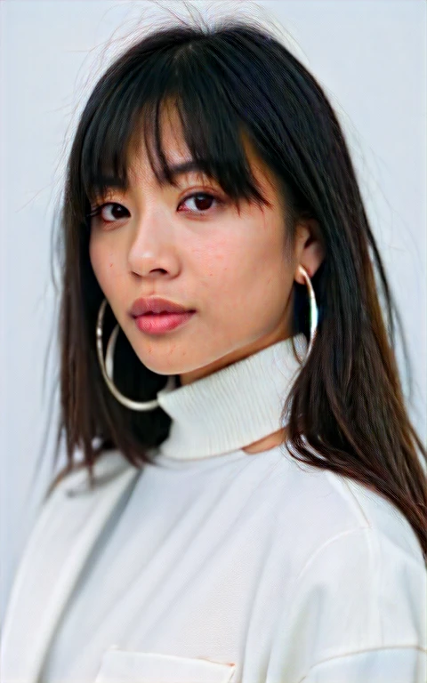 beautiful young asian woman, mid-length dark hair, Shoulder Length Hair with Bangs, subtle makeup, natural look, pensive expression, side glance, white turtleneck shirt, jacket, simple silver hoop earring, (film grain:0.5), dynamic lighting, intricate, (skin pores:0.2), Canon, 35Mm, F/1.2, RAW photo, ultra detailed, real life