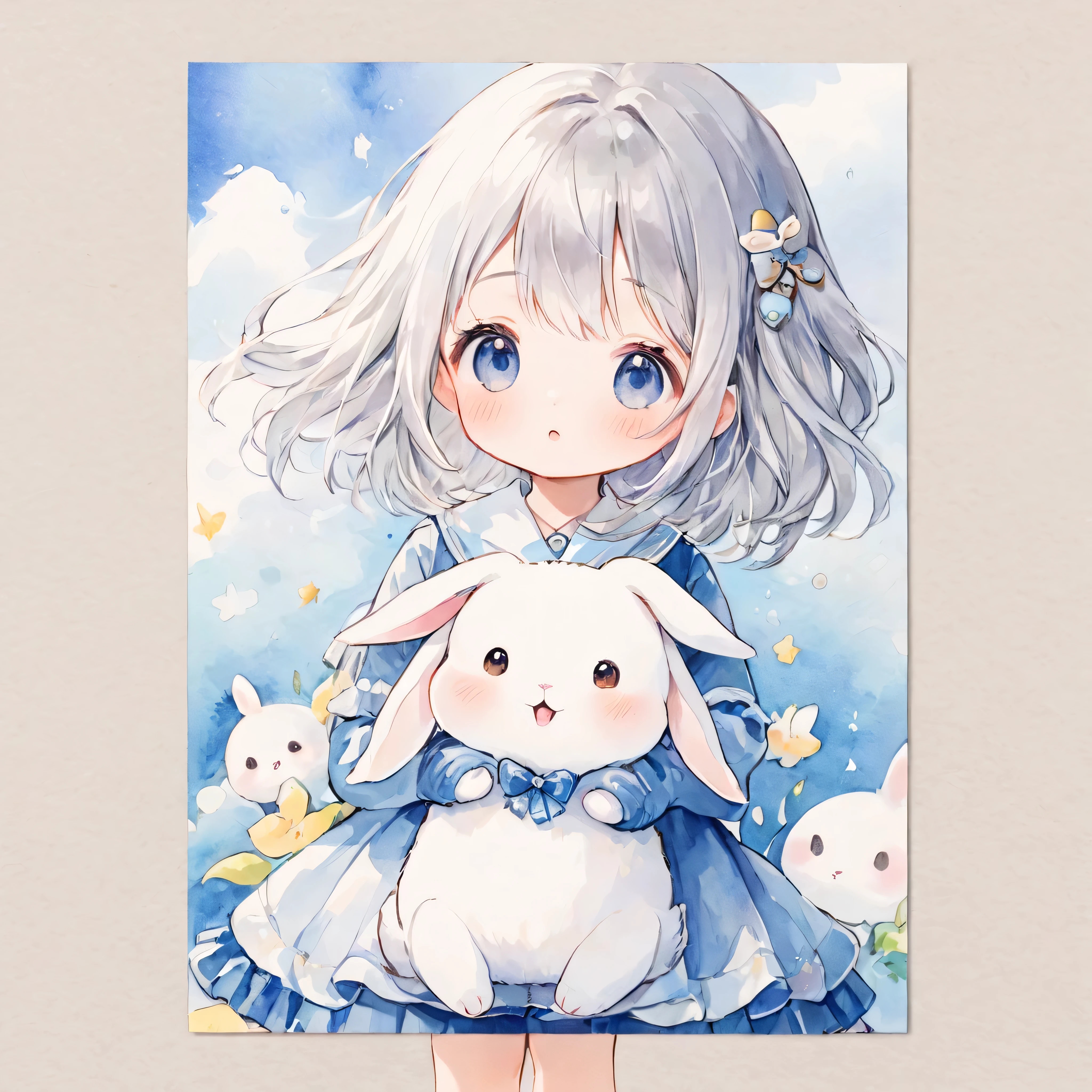 masterpiece, Highest quality, Absurd, figure, watercolor,
1 girl, 1 rabbit, Cartoon characters, cute, beautiful, Mascot character, fuwafuwa,Silver Hair,
Postcard,