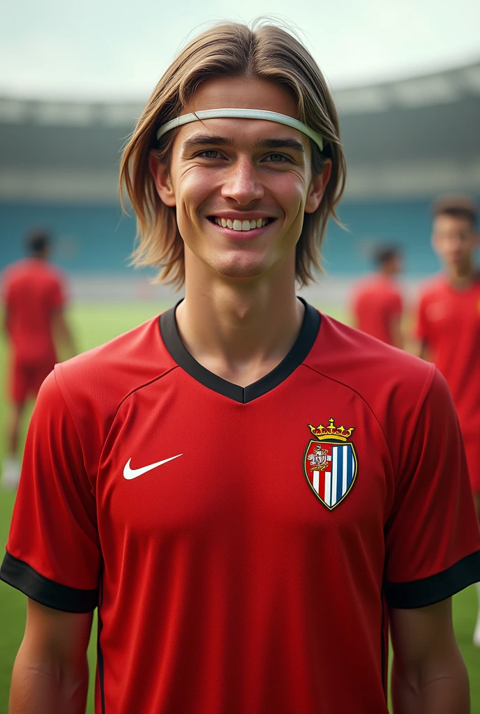 Create a Realistic Football Player,NO BEARD with medium straight hair, combed back, wearing a small thin white men&#39;s sports headband in the middle of the hair, wearing the red espanyol shirt, 17 year old tall white spanish guy with happy face wearing a red training vest, in a background with a training field along with other players in the background, Por favor 