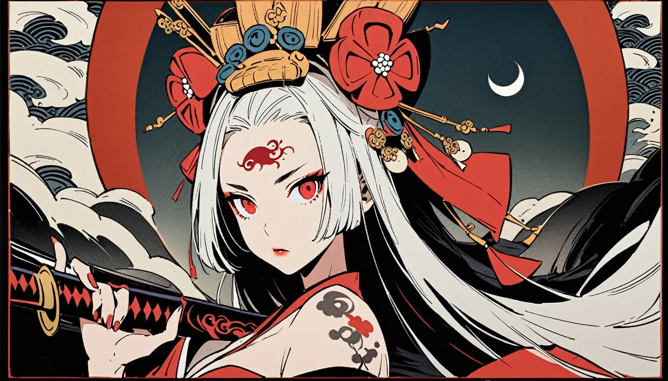 Ink painting, (((1 girl))), (((Tattoo in the middle of the forehead))),(((In the background is the Akatsuki moon))), (((Oiran))), (((Great hair accessories))), Japanese style headphones, Demon possession, (((Red eyes with an inscription inside them))),Face up close, Japanese beauty, White hair, Sensitive and precise, Modern Ukiyo-e style, Highest quality, katsushika hokusai, (((Elements of horror))), beautiful girl, Sensitive and precise, Modern Ukiyo-e style, Cyberpunk city, holding a katana sword