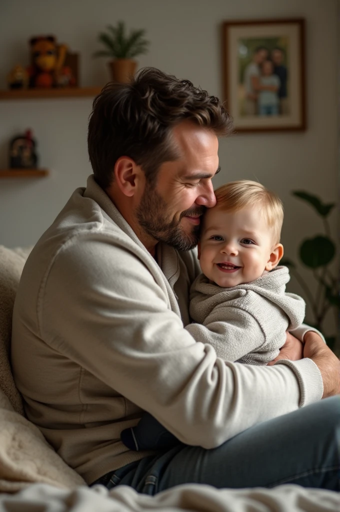 photo of a father holding his son in his arms
