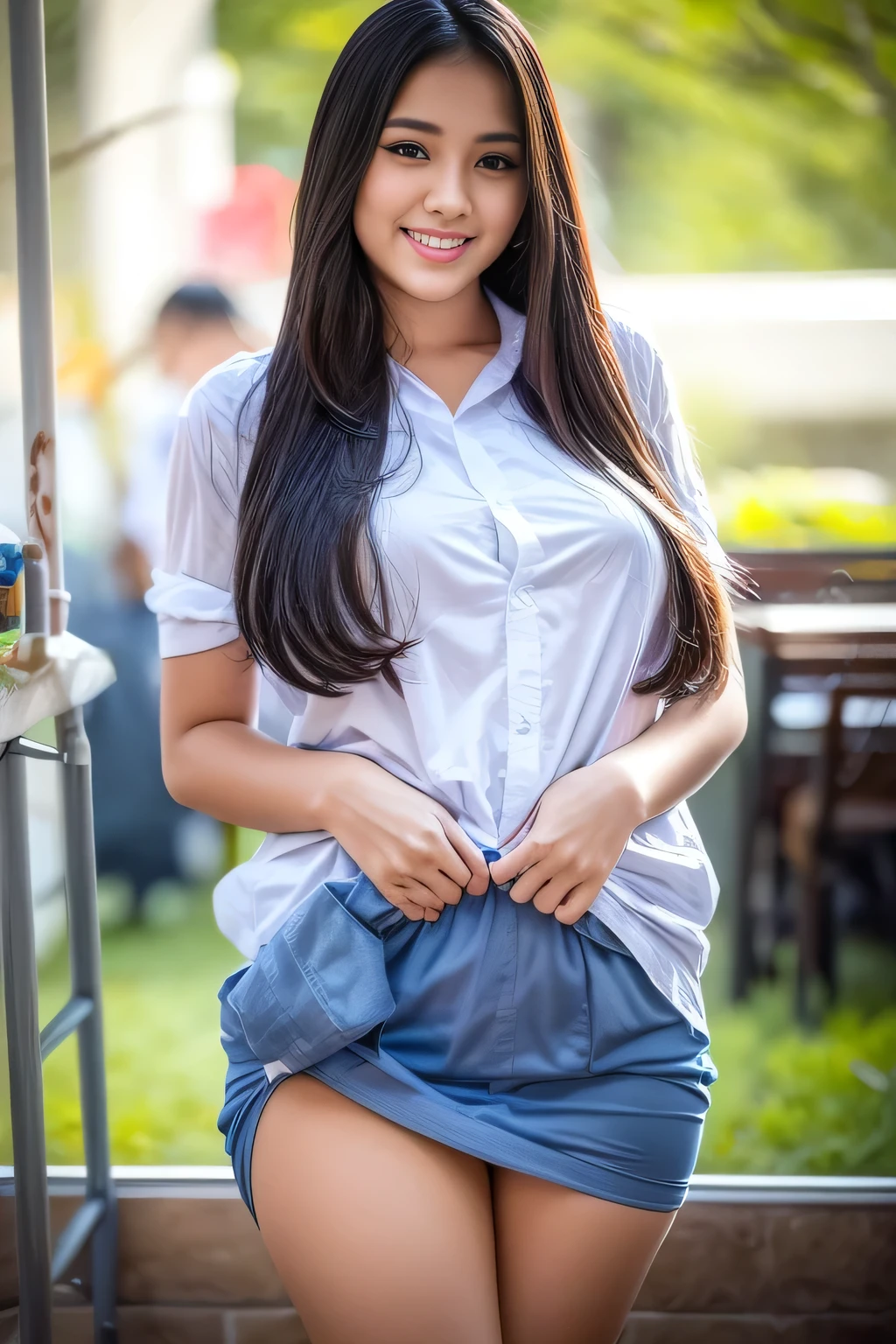 A beautiful Indonesian woman with natural beauty and big breasts is standing in a classroom. She has a wet body, as if she has been soaked in water. The scene is vibrant with vivid colors and bokeh effects. The woman has long dark hair and radiant skin. Her beautiful detailed eyes and lips enhance her overall attractiveness. She is wearing a student uniform, suggesting that she is a student. The lighting emphasizes her features and creates a captivating atmosphere. The artist focuses on capturing the woman's sensuality and the unique charm of the classroom environment. The artwork aims to depict the beauty of the Indonesian woman while exploring the aesthetics of wetness and moisture. Pubic hairs are depicted as part of the woman's natural beauty, adding to the overall realism and attention to detail. The artwork strives for the best quality, with high resolution (4k, 8k) and ultra-detailed rendering. It captures the woman's beauty in a realistic and photorealistic way. The color palette and lighting enhance the overall visual impact, creating a mesmerizing and engaging artwork.