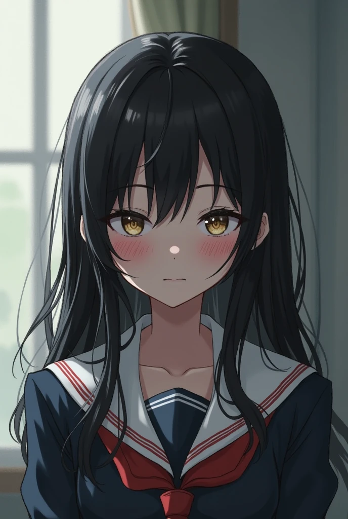 A girl with long black hair and a uniform is in disarray, her nipples are visible