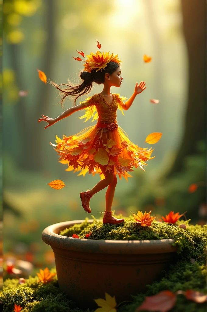 whimsical miniature figure composed of delicately arranged autumn leaves, poised in a carefree dance on the rim of a weathered, moss-covered terracotta pot, set against a lush, vibrant forest backdrop, where dappled sunlight filters through the canopy above, casting intricate shadows. The overall aesthetic is ethereal, with warm, earthy tones of sienna, umber, and olive green, infused with hints of emerald and golden light, evoking a sense of wonder and enchantment, as if plucked from a fantastical realm.