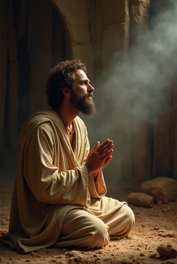 Depict Noah in prayer, receiving a divine vision or message. The setting should be a simple, humble dwelling, with a soft light illuminating Noah as he kneels with his hands clasped. The expression on his face should be one of reverence and awe. The dialogue should narrate: 'One day, God spoke to Noah. He revealed that the earth would be purified by a flood, but that Noah and his family would be saved if he followed His instructions