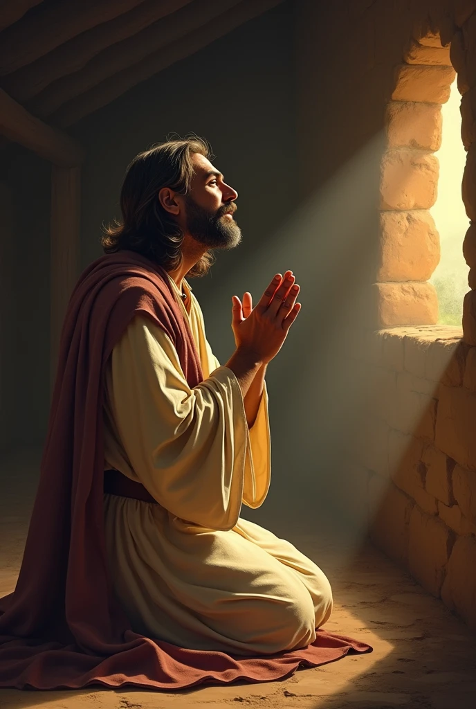 Depict Noah in prayer, receiving a divine vision or message. The setting should be a simple, humble dwelling, with a soft light illuminating Noah as he kneels with his hands clasped. The expression on his face should be one of reverence and awe. The dialogue should narrate: 'One day, God spoke to Noah. He revealed that the earth would be purified by a flood, but that Noah and his family would be saved if he followed His instructions