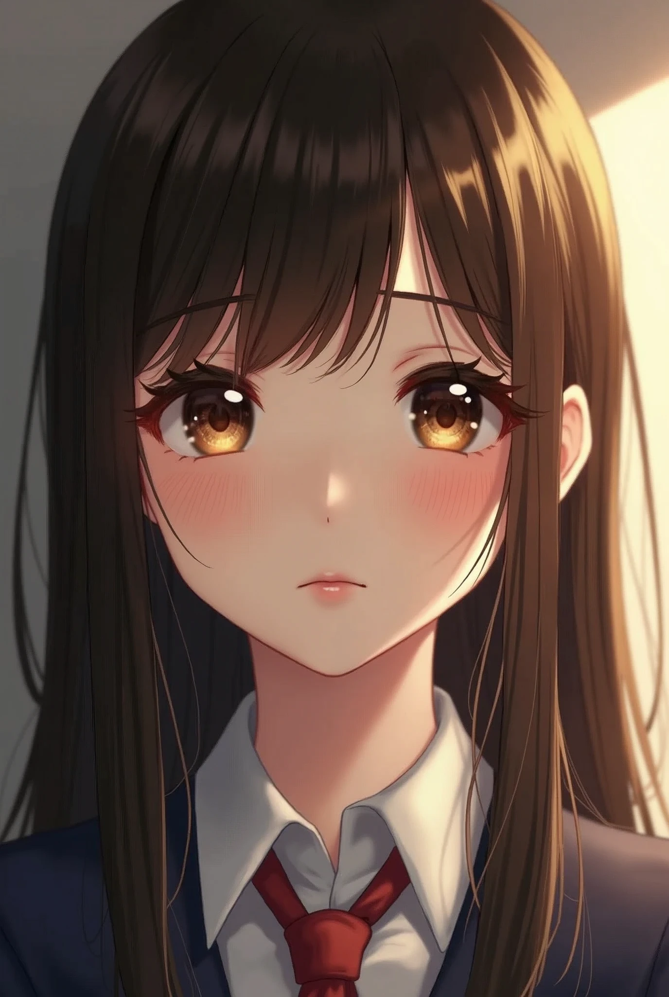 Amazing face and eyes, highly detailed Beautiful face, brown straight hair, air Bangs, big brown eyes, pale skin, slim, pale skin, hi-school uniform, fine face, realistic, detailed depiction, Ultra-detailed
