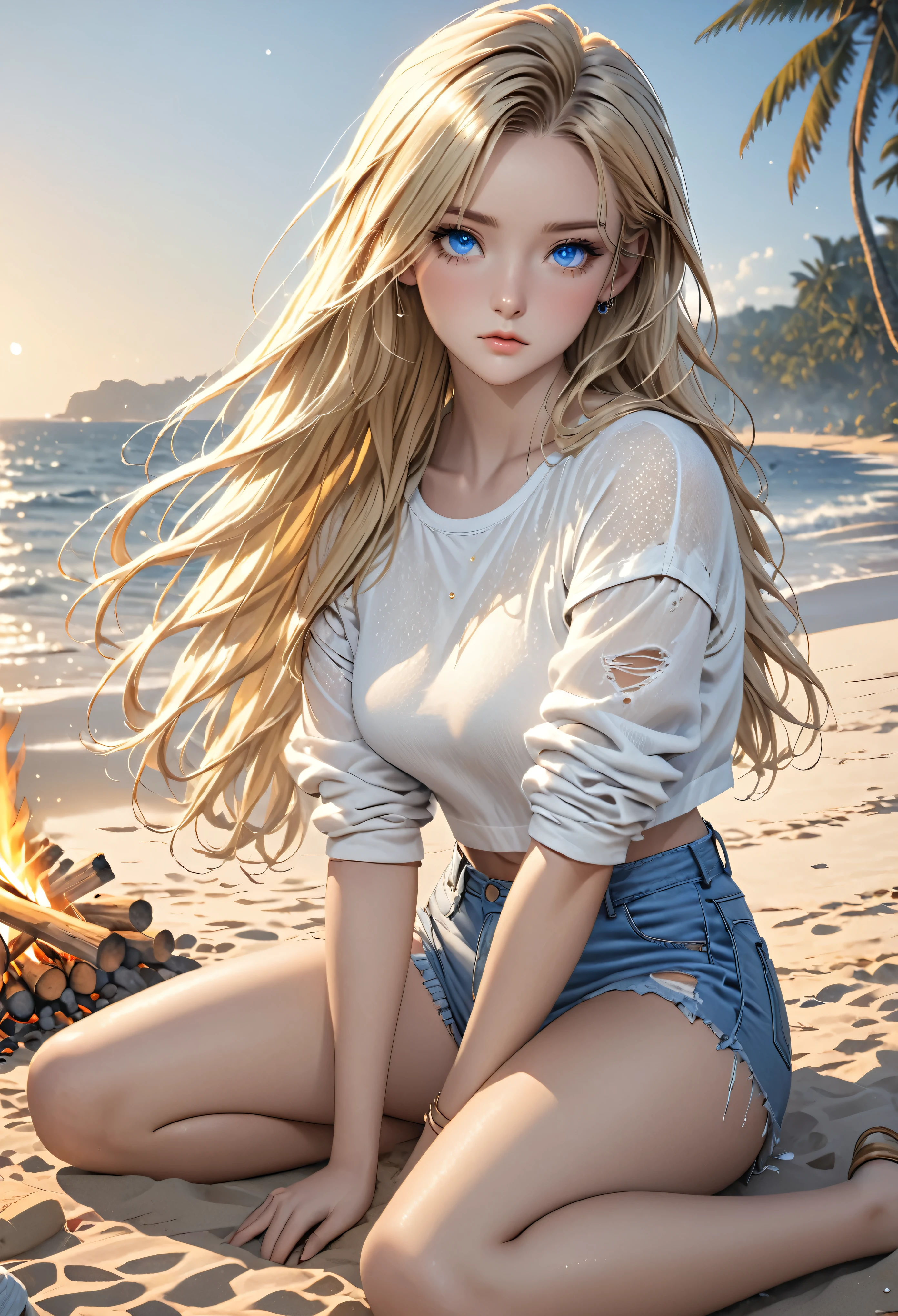 young girl with long blonde hair and blue eyes, slightly transparent white top, waist-high denim shorts, (ripped clothing:1.4), sits around a campfire on the beach, (detailed skin texture, realistic skin pores:1.0), 24k resolution, highly detailed, (natural front light:0.5), (full body shot:1.5), (realistic style:1.5)