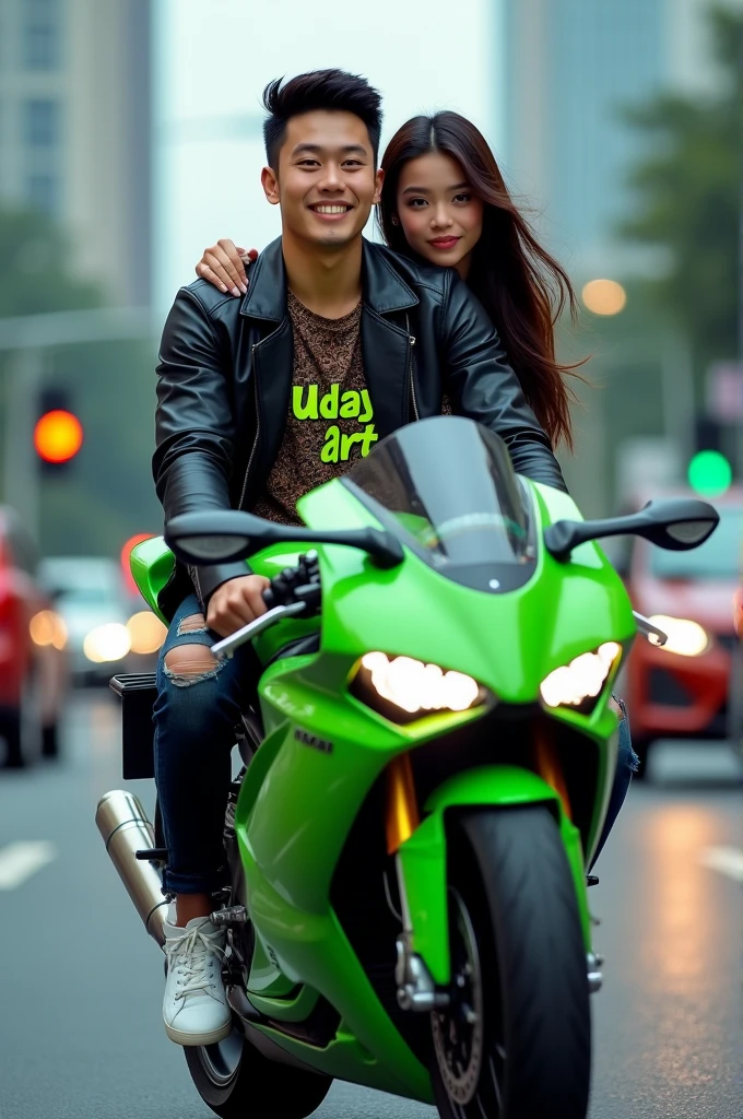 a handsome Korean man aged 25 years, neat hair, clearly visible face, wearing a batik motif t-shirt with neon green "Uday Art" slanted writing, wearing a black leather jacket with full attributes, ripped jeans, white cat shoes. 25 year old woman, long flowing hair, wearing matching clothes, arms hugging the man, they are riding a green and black Ducati sports motorbike on the highway, Jakarta road traffic background, realistic motorbike colors