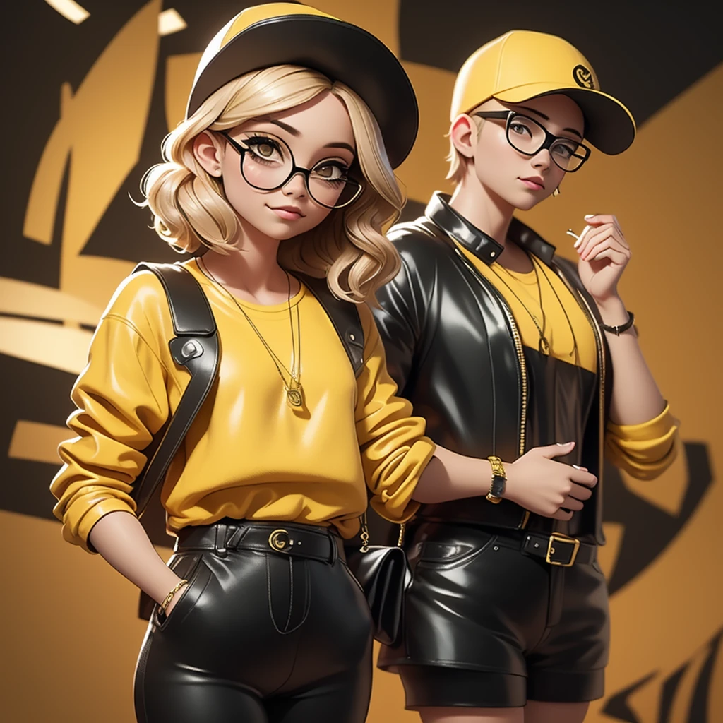 yellow color wearing modern clothes and black cinema glasses , mango logo on black cap , sad crying , 3d illustration , dark background , movie theater theme