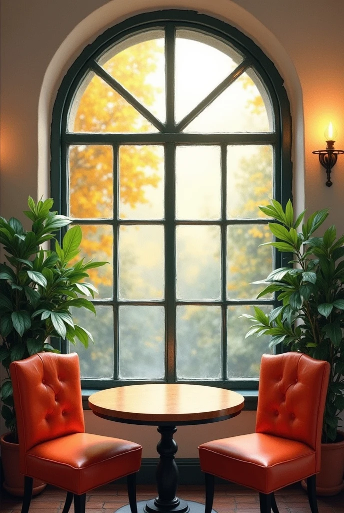 Cafe, coffee table and large window, Indoor Background Art