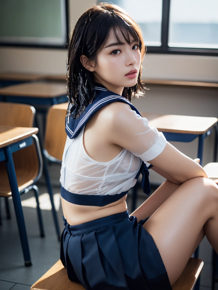 (masterpiece:1.2), Very detailed, Ultra-high resolution, (Realistic, photo Realistic:1.6), High-resolution RAW color photos, Professional photos, Sharp focus:1.2, (Very detailed顔と肌の質感, Very beautiful eyes, Glossのある肌, Glowing Skin, Glowing Skin, Shining Face, Gloss, Oily skin, greasy face, Oily skin, greasy face,),, (real Glossのある肌 texture), Perfect Anatomy, Very detailed背景,(High school classroom at night),1 female,25-year-old woman, Japanese women,Height: 168cm,(short hair, Straight hair, bangs, Brown Hair),((Flat Chest:1.6)),(Slender legs), ((((White short-sleeved sailor suit、Navy blue pleated skirt:1.5、Perfectly detailed sexy thong panties under skirt,))),((sit at a desk with your knees up))、(((Wet and sheer sailor suit:1.4))),From the side:1.4,Invite to sex