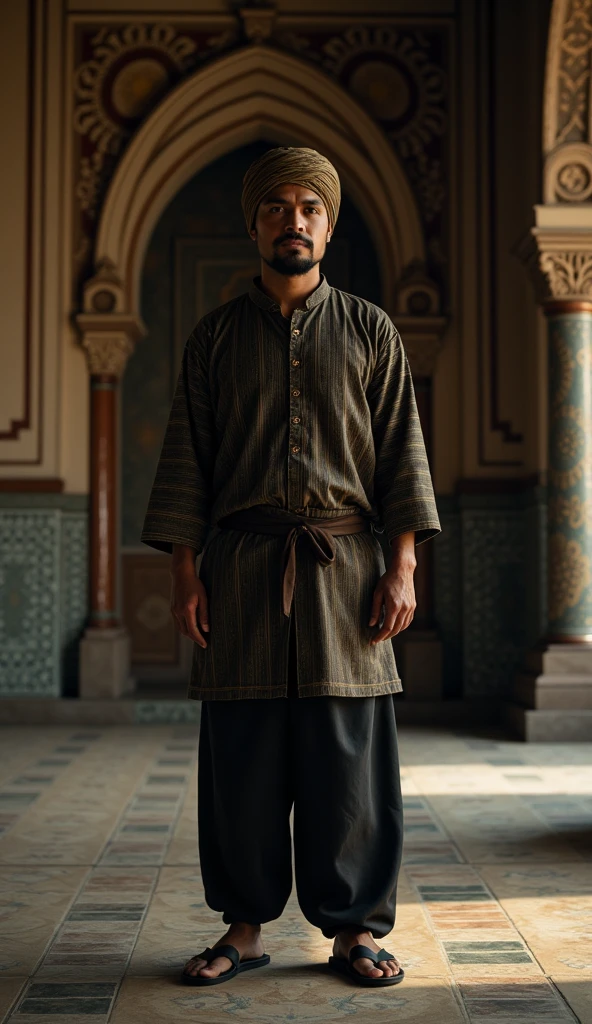 A 35-year-old man wearing a batik turban, a long-sleeved shirt in black-brown vertical stripes, black cloth and trousers, and warrior-style sandals. He is standing in the northern corner of a mosque, captured with dramatic, cinematic lighting. The image is highly detailed, realistic, and rendered in 8k ultra sharp UHD quality.
