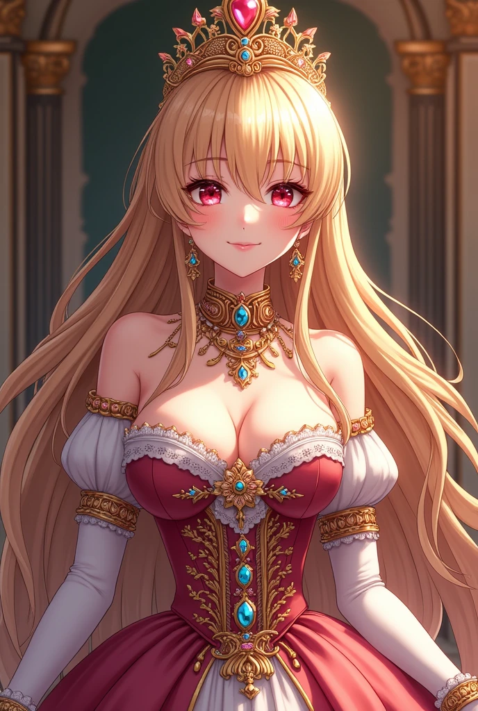 moe anime artstyle,princess luxurious, aristocrat, noble, arrogant,((absurdly long Straight hair)),Red Eyes,(((beautiful embroidery and jeweled gorgeous rococo ballgown with voluminous full length crinoline hoop skirt))),(((absurdly gigantic tits,curvy))),deep cleavage,Skindentation,((detailed face and eyes)),extremely gorgeous hair ornament,((extremely gorgeous big tiara)),luxurious jewelry,((((absurdly gigantic tits))),gorgeous palace,,((Arrogant smile))