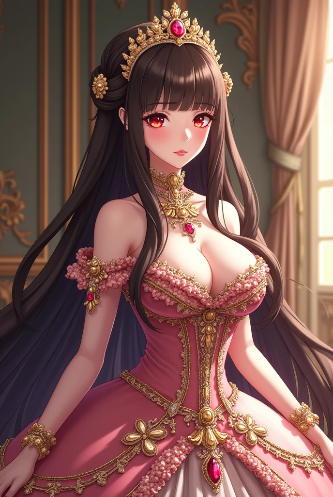 moe anime artstyle,princess luxurious, aristocrat, noble, arrogant,((absurdly long Straight hair)),Red Eyes,(((beautiful embroidery and jeweled gorgeous rococo ballgown with voluminous full length crinoline hoop skirt))),(((absurdly gigantic tits,curvy))),deep cleavage,Skindentation,((detailed face and eyes)),extremely gorgeous hair ornament,((extremely gorgeous big tiara)),luxurious jewelry,((((absurdly gigantic tits))),gorgeous palace,,((Arrogant smile))