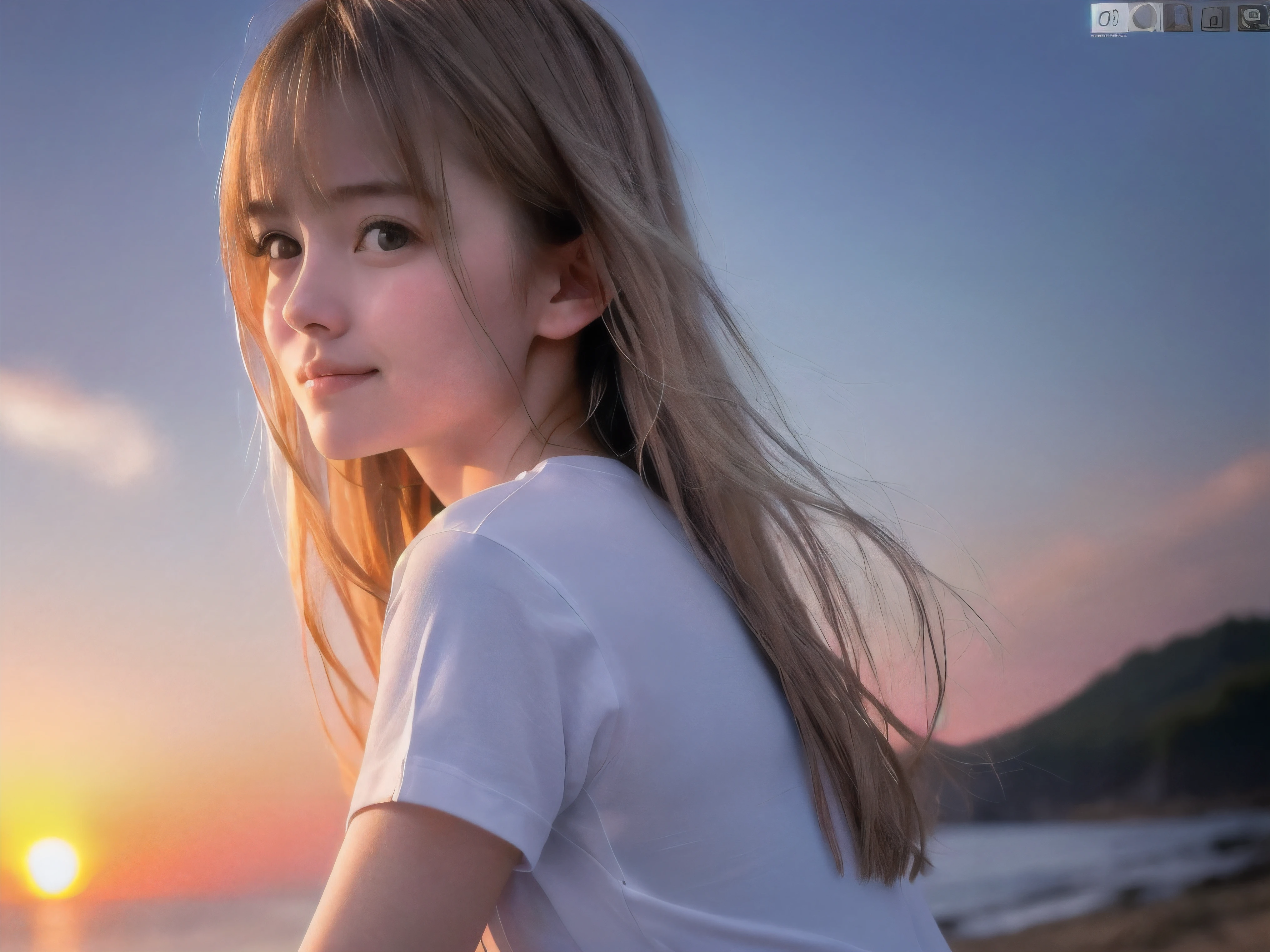 (Close up profile shot of slender small-breasted half up blonde long hair with bangs girl wearing a white T-shirt only:1.5)、(One blonde hair girl is looking back and lonely little smile with tears on the coast in Japan:1.5)、(Beautiful after sunset red sky with big red cloud:1.5)、(blurred background:1.5)、(Natural light:1.5)、(8k ultra detailed master piece:1.5)、(perfect anatomy:1.5)、(Photorealistic stick:1.5)、(Raw photo:1.3)、(highest quality:1.5)、(High resolution:1.3)、(Delicate and beautiful perfect face:1.3)、(Delicate and beautiful eye air skin:1.3)、(Real Human Skin:1.3)、((thin legs))