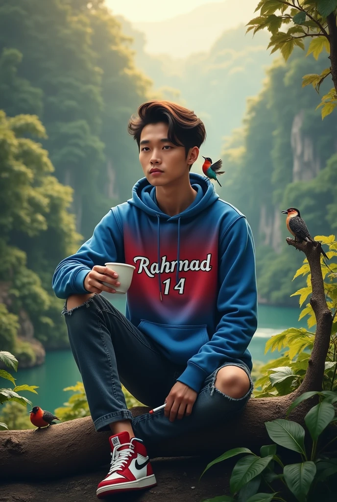 (photorealism:1.2),a 25 year old Indonesian man, Korean Hairstyles , ripped jeans, nike jordan shoes, wearing a blue hoodie with red gradient, inscribed "Rahmad 14", Indonesian Latin text, clear. sitting pose, holding a cup of coffee and a cigarette, accompanied by beautiful birds, look at the camera direction, river background, tropical forest, morning sunlight, good morning. Real details, hyper realistic, UHD, Photography, wide shot