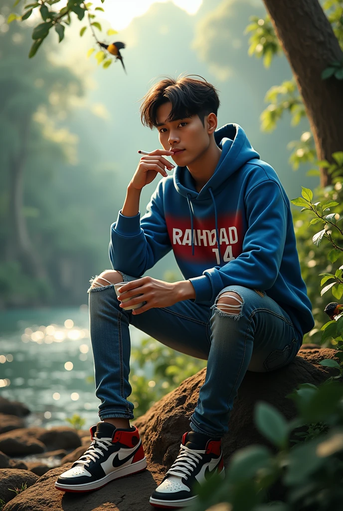 (photorealism:1.2),a 25 year old Indonesian man, Korean Hairstyles , ripped jeans, nike jordan shoes, wearing a blue hoodie with red gradient, inscribed "Rahmad 14", Indonesian Latin text, clear. sitting pose, holding a cup of coffee and a cigarette, accompanied by beautiful birds, look at the camera direction, river background, tropical forest, morning sunlight, good morning. Real details, hyper realistic, UHD, Photography, wide shot