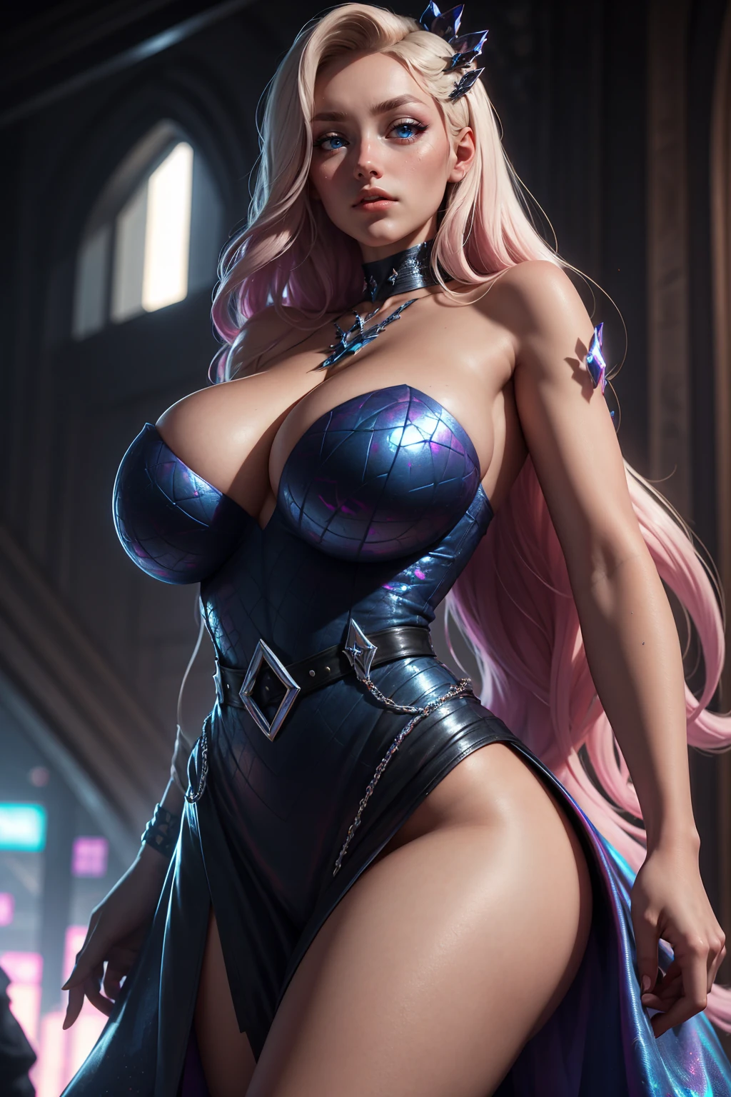 NSFW Photo of K/DA All Out Ahri from League of Legends, hyperdetailed intricately detailed art trending on Artstation triadic colors Unreal Engine 5 detailed , 8k resolution, deviantart masterpiece, (gigantic breasts: 1.8), seductive pose, clean pale skin, perfect pale smooth nipples, light blue detailed eyes flashing with allure, (fancy hair cascading down her back), fancy black make-up, black brows, eyeliner, blushing, parted lips, saggy breasts, (fully naked: 1.2), (wearing nothing: 1.2), happy face