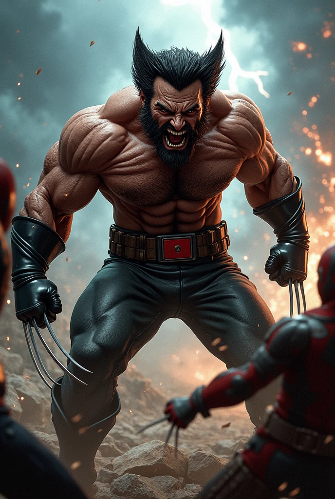 wolverine face, human, thunder background, angry, realistic, full body, wolverine fight with dogpool, fighting Sean,