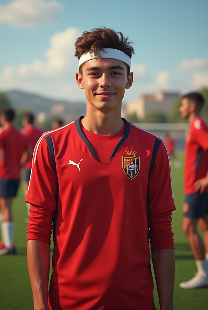 Create a Realistic Football Player,NO BEARD with medium straight hair, combed back, wearing a small thin white men&#39;s sports headband in the middle of the hair, wearing the red espanyol shirt, 17 year old tall white spanish guy with happy face wearing a red training vest, in a background with a training field along with other players in the background, Por favor 